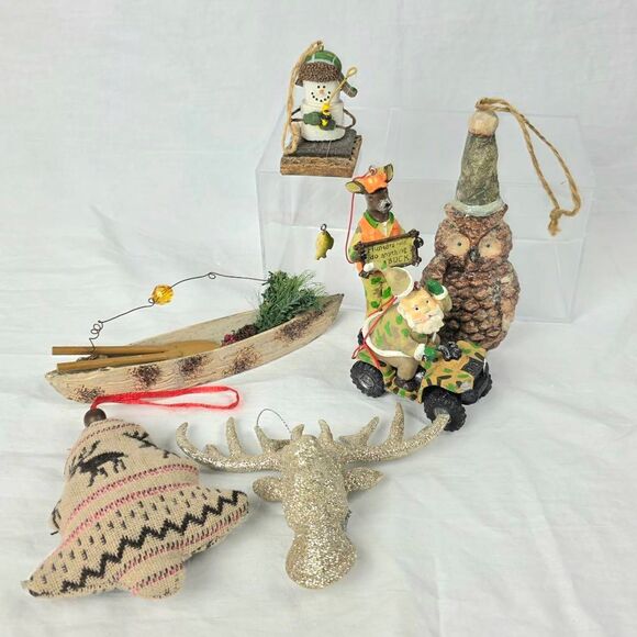 Rustic Cabin Christmas Ornaments Lot Deer Owl Canoe Set - Picture 1 of 8